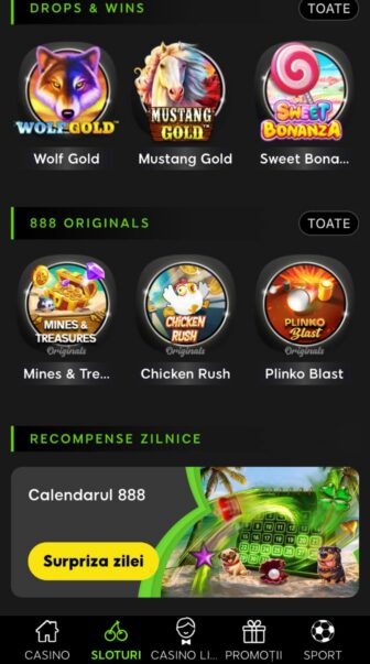 888 Casino, lobby Sloturi cu Drops & Wins, Wolf Gold, Mustang Gold, Sweet Bonanza, 888 Originals Mines & Treasures, Chicken Rush, Plinko Blast și promoția zilnică „Calendarul 888 – Surpriza zilei”