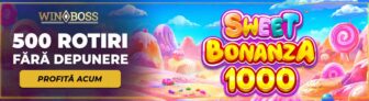 WinBoss, banner promoțional pentru slotul Sweet Bonanza 1000, cu bonus casino de 500 rotiri fără depunere și buton „Profită acum”