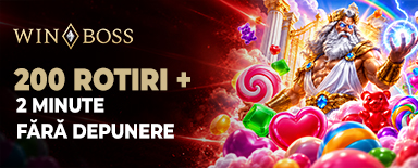 WinBoss, banner promo casino cu 200 rotiri și 2 minute fără depunere, grafică de slot cu Zeus, bomboane și simboluri colorate