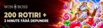 WinBoss, banner promo casino cu 200 rotiri și 2 minute fără depunere, grafică de slot cu Zeus, bomboane și simboluri colorate