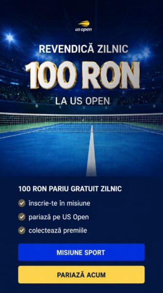 Promoție pariuri sportive US Open cu 100 RON pariu gratuit zilnic, mecanică de misiune: înscriere, pariere pe US Open, colectare premii și butoanele „Misiune Sport” și „Pariază acum”