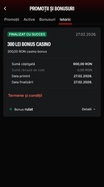 Superbet, istoric bonusuri cu 300 lei bonus casino finalizat cu succes, sumă câștigată 600 RON, rulaj rămas 0 RON și status Bonus rulat