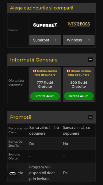 tabel de comparație între cazinourile Superbet și Winboss