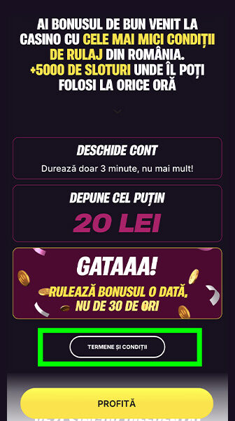 Superbet, landing page pentru bonus de bun venit casino, cu pași Deschide cont, depune minimum 20 lei, rulează bonusul o singură dată, buton Termene și condiții evidențiat și CTA galben „Profită”