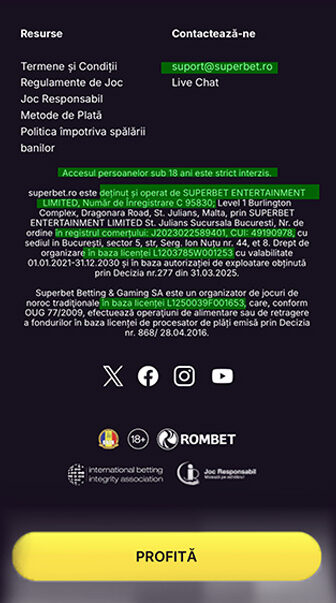 Superbet, footer informativ cu resurse, contact suport@superbet.ro și Live Chat, avertisment 18+, detalii licențe ONJN, logo-uri joc responsabil și buton galben „Profită”