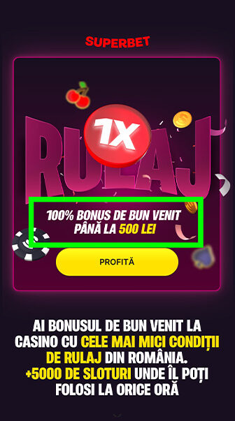Superbet, pagină campanie bonus de bun venit casino, cu mesaj 1x rulaj, 100% bonus până la 500 lei, buton „Profită” și text despre condiții reduse de rulaj plus 5000 de sloturi disponibile