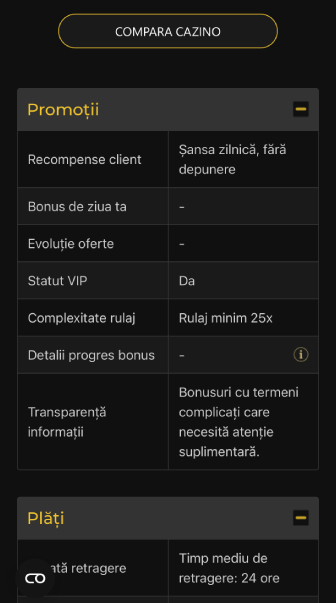 Pagină de recenzie pentru un cazino online, cu informații despre promoții și opțiunea de comparare