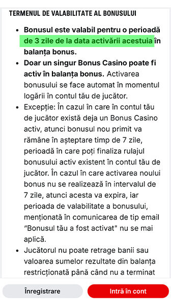 Superbet, reguli de activare pentru Bonusul Casino de Bun Venit, cu valabilitate de 3 zile de la activare, un singur bonus activ permis și restricții pentru retragerea sumelor din balanța bonus