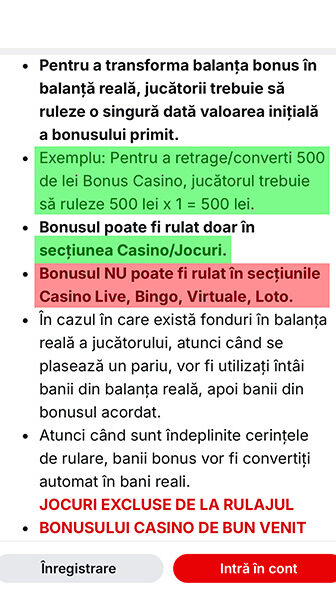 Superbet, condiții de rulaj pentru Bonusul Casino de Bun Venit, cu exemplu de conversie 500 lei, rulaj permis doar în secțiunea Casino/Jocuri și restricții pentru Live Casino, Bingo, Virtuale și Loto