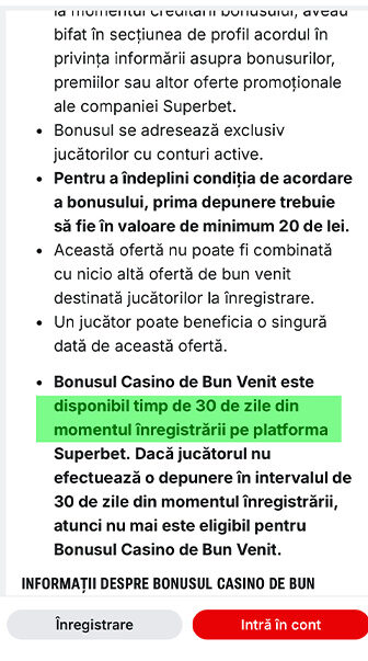 Superbet, termenii bonusului Casino de Bun Venit, cu evidențiere pentru valabilitatea de 30 de zile de la înregistrare și condiția primei depuneri minime de 20 lei
