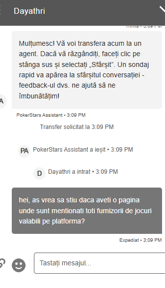 Chat suport PokerStars, transfer către agentul Dayathri și întrebare trimisă despre pagina cu furnizorii de jocuri disponibili pe platformă