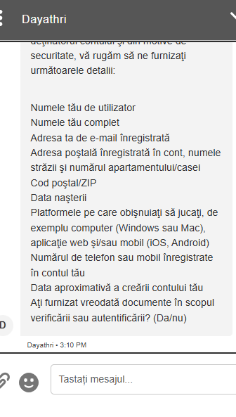 Chat suport PokerStars, mesaj de la Dayathri cu solicitare de date pentru verificarea contului, inclusiv username, nume complet, e-mail, adresă, data nașterii, platforme folosite și documente furnizate
