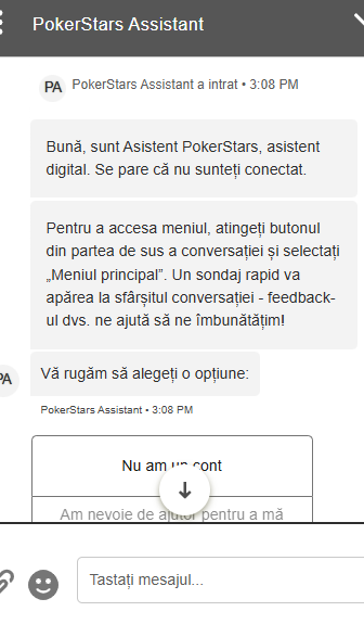 Chat PokerStars Assistant, mesaj automat în română cu instrucțiuni pentru accesarea meniului principal și opțiuni de suport pentru cont, plus câmp de introducere mesaj în partea de jos