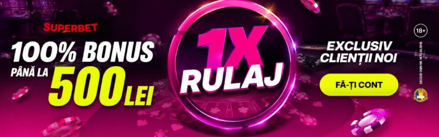 Superbet, promoție bonus casino de 100% până la 500 lei, cu rulaj 1x, exclusiv pentru clienți noi, și buton principal „Fă-ți cont”