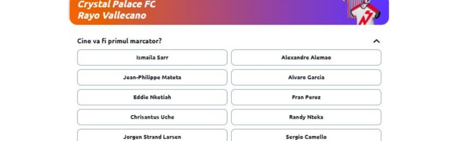 Betano Master, pariuri sportive pentru Crystal Palace FC – Rayo Vallecano, 27.05 la 22:00, piața „Cine va fi primul marcator?”, cu selecții Ismaila Sarr, Mateta, Nketiah, Alemao și Alvaro Garcia
