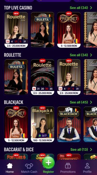 Lobby live casino cu 34 jocuri, Roulette și Blackjack, mize între 0,5 și 25.000 RON și secțiune Baccarat & Dice