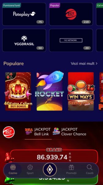 Winboss, lobby casino cu furnizorii Pateplay, EGT Digital și Yggdrasil, sloturi populare 40 Extra Crown, Rocket Jet și Win Ways Sizzling Hot, jackpot Grand de 86.939,74 RON