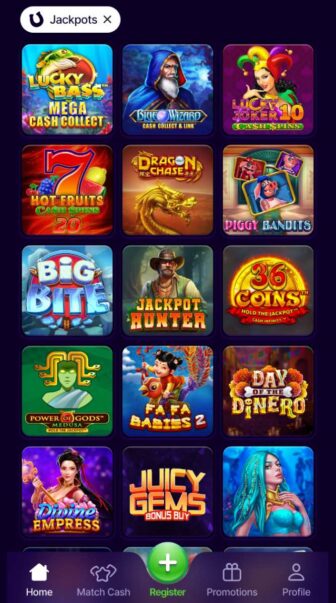Secțiunea Jackpots din lobby casino, cu sloturi Lucky Bass, Blue Wizard, Lucky Joker 10, Jackpot Hunter, 36 Coins și Juicy Gems