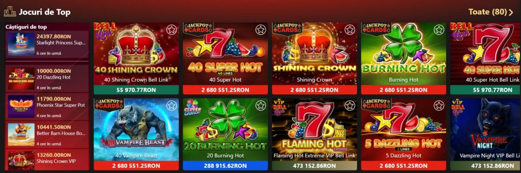 lista de jocuri de top de la winbet ce include 40 shining crown, 40 super hot, shining crown, burning hot și alte sloturi