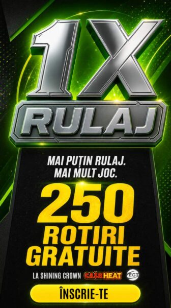 Promoție casino 1X Rulaj cu 250 rotiri gratuite la sloturile Shining Crown și Cash Heat de la EGT, mesaj „Mai puțin rulaj. Mai mult joc.” și buton „Înscrie-te”