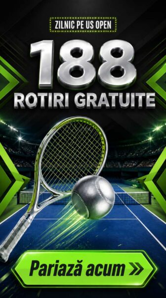 Promoție US Open pentru pariuri și casino, cu 188 rotiri gratuite, teren de tenis, rachetă și minge, plus buton CTA „Pariază acum”