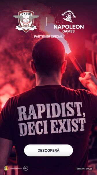 FC Rapid București și Napoleon Games, vizual de parteneriat oficial cu suporter rapidist, mesajul „Rapidist, deci exist”, buton „Descoperă” și marcaj 18+
