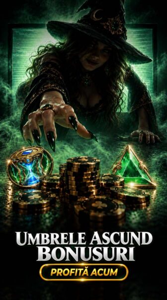 Banner promoțional casino cu tematică întunecată de Halloween, text „Umbrele ascund bonusuri” și buton principal „Profită acum”, decorat cu monede și lilieci