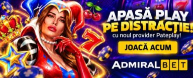 Banner promoțional AdmiralBet pentru noul provider de sloturi Pateplay, cu personaj joker, simbol 7, cireșe, jetoane casino, mesajul „Apasă Play pe distracție!” și butonul „Joacă acum”
