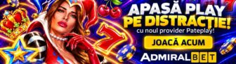 Banner promoțional AdmiralBet pentru noul provider de sloturi Pateplay, cu personaj joker, simbol 7, cireșe, jetoane casino, mesajul „Apasă Play pe distracție!” și butonul „Joacă acum”