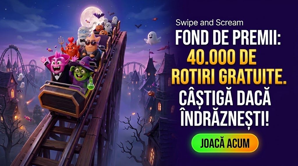 Banner promoțional de Halloween „Swipe and Scream”, cu fond de premii de 40.000 de rotiri gratuite, personaje în costume de monștri și fantome într-un roller coaster înfricoșător. Sunt afișate mesajul „Câștigă dacă îndrăznești!” și butonul „Joacă acum”.