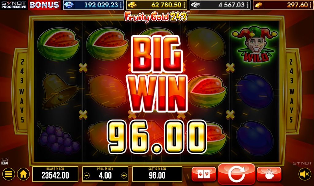 Ecran de câștig Big Win la slotul Fruity Gold 243 de la SYNOT, în modul demo, cu premiu de 96 RON la un pariu de 4 RON. Sunt afișate 5 role cu simboluri de fructe, clopoței și Wild, 243 de moduri de câștig, soldul de 23.542 RON și butonul Spin.