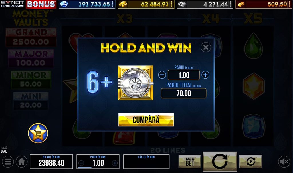 Ecran de cumpărare a funcției bonus Hold and Win la slotul Money Vaults de la SYNOT, cu minimum 6 simboluri seif, pariu de 1 RON și cost total de 70 RON. Sunt afișate jackpoturile Grand 2.500 RON, Major 100 RON, Minor 50 RON și Mini 20 RON, alături de butonul „Cumpără” și soldul demo de 23.988,40 RON.