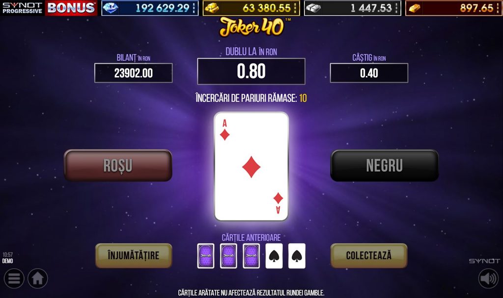 Ecran Gamble la slotul Joker 40 gratis de la SYNOT, în modul demo, cu funcția de dublare a câștigului prin alegerea culorii cărții, Roșu sau Negru. Sunt afișate câștigul de 0,40 RON, suma posibilă de 0,80 RON, soldul de 23.902 RON, 10 încercări rămase și butoanele „Înjumătățire” și „Colectează”.