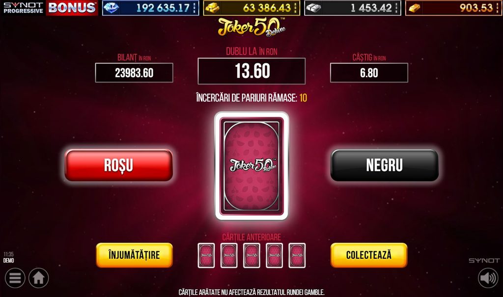 Ecran Gamble la slotul Joker 50 Deluxe gratis de la SYNOT, în modul demo, cu funcția de dublare a câștigului prin alegerea culorii cărții, Roșu sau Negru. Sunt afișate câștigul de 6,80 RON, suma posibilă de 13,60 RON, soldul de 23.983,60 RON, 10 încercări rămase și butoanele „Înjumătățire” și „Colectează”.