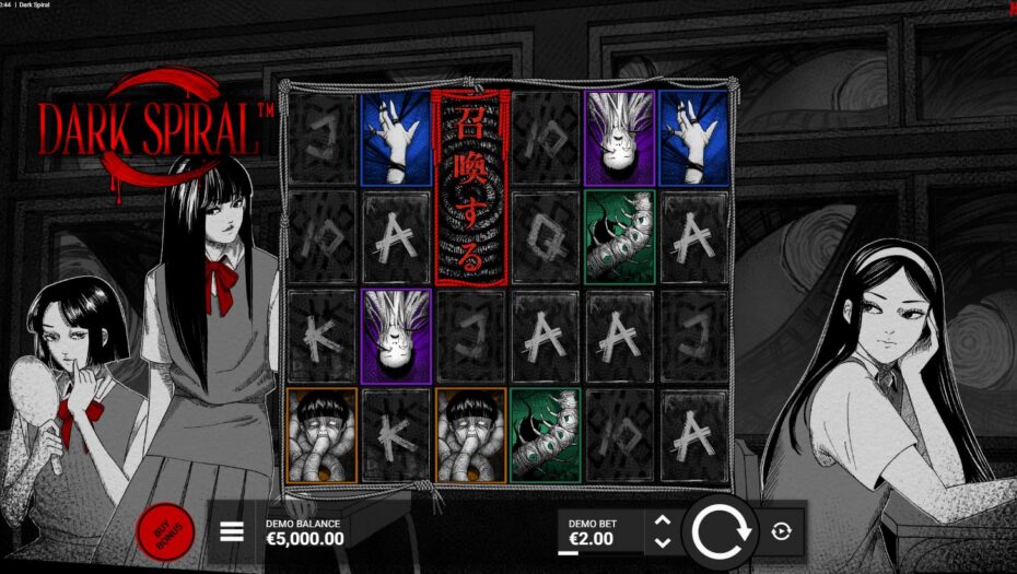 Ecran de joc al slotului Dark Spiral de la Hacksaw Gaming, în modul demo, cu 6 role, 4 rânduri, simboluri misterioase, personaje manga horror și funcția Summoning. Sunt afișate soldul de 5.000 EUR, pariul de 2 EUR și butoanele Buy Bonus, Spin și Autoplay, pe fundal alb-negru cu accente roșii.
