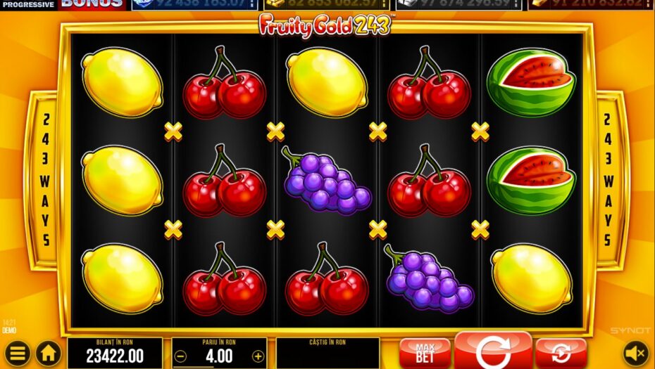 Ecran de joc al slotului Fruity Gold 243 de la SYNOT, în modul demo, cu 5 role, 243 de moduri de câștig și simboluri cu lămâi, cireșe, struguri și pepeni. Sunt afișate soldul de 23.422 RON, pariul de 4 RON, jackpoturile progresive și butoanele Spin, Max Bet și Autoplay.