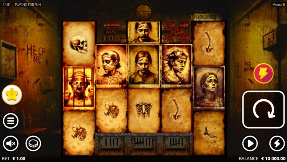 Ecran de joc al slotului Mental 2 demo de la Nolimit City, în modul demo, cu role de dimensiuni variabile, 108 moduri de câștig și simboluri horror cu pacienți, cranii, oase și membre scheletice. Sunt afișate soldul de 10.000 EUR, pariul de 1 EUR, funcțiile Nolimit Bonus și Booster, precum și butoanele Spin și Autoplay, pe fundal de spital psihiatric abandonat.