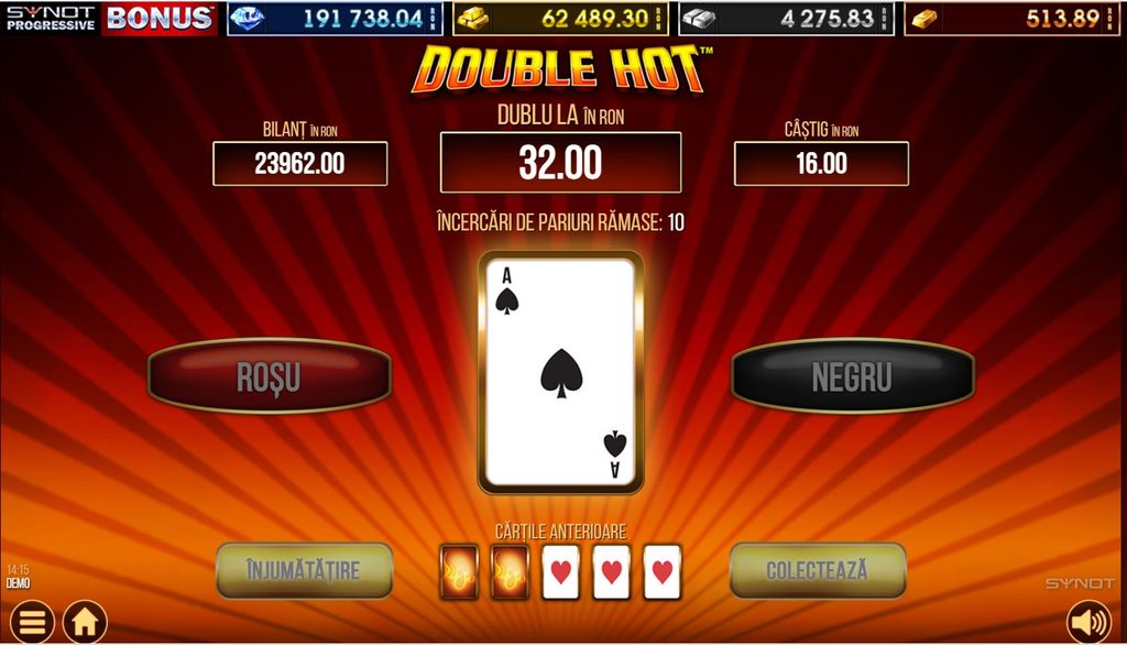 Ecran Gamble la slotul Double Hot gratis de la SYNOT, în modul demo, cu funcția de dublare a câștigului prin alegerea culorii cărții, Roșu sau Negru. Sunt afișate câștigul de 16 RON, suma posibilă de 32 RON, soldul de 23.962 RON, 10 încercări rămase și butoanele „Înjumătățire” și „Colectează”.
