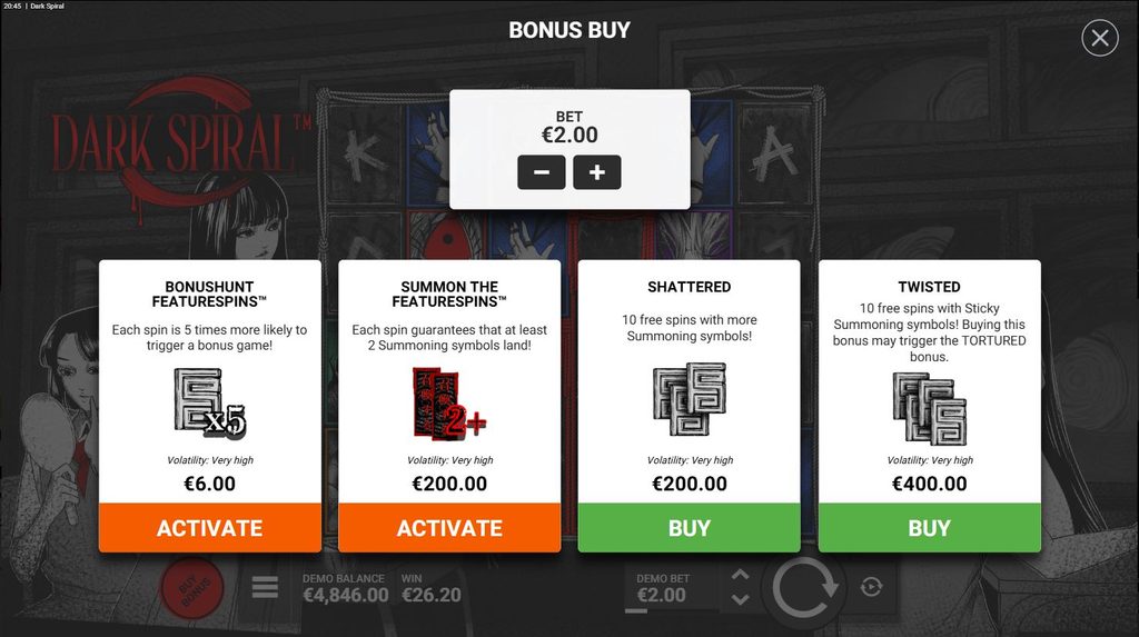 Ecran Bonus Buy la slotul Dark Spiral de la Hacksaw Gaming, în modul demo, cu patru funcții speciale: BonusHunt FeatureSpins la 6 EUR, Summon the FeatureSpins la 200 EUR, Shattered la 200 EUR și Twisted la 400 EUR. Sunt afișate pariul de 2 EUR, volatilitatea foarte ridicată și butoanele Activate și Buy.