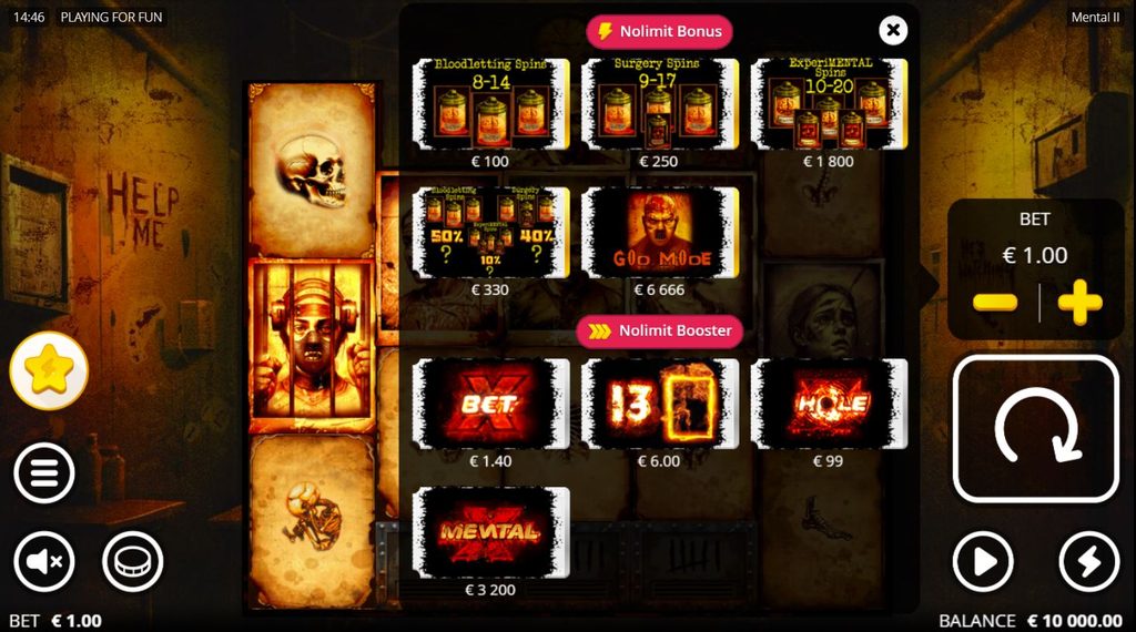 Ecran de cumpărare a bonusurilor la slotul Mental 2 gratis de la Nolimit City, în modul demo, cu funcțiile Bloodletting Spins la 100 EUR, Surgery Spins la 250 EUR, ExperiMENTAL Spins la 1.800 EUR, God Mode la 6.666 EUR și opțiuni Nolimit Booster între 1,40 și 3.200 EUR. Sunt afișate pariul de 1 EUR, soldul de 10.000 EUR și butonul Spin.