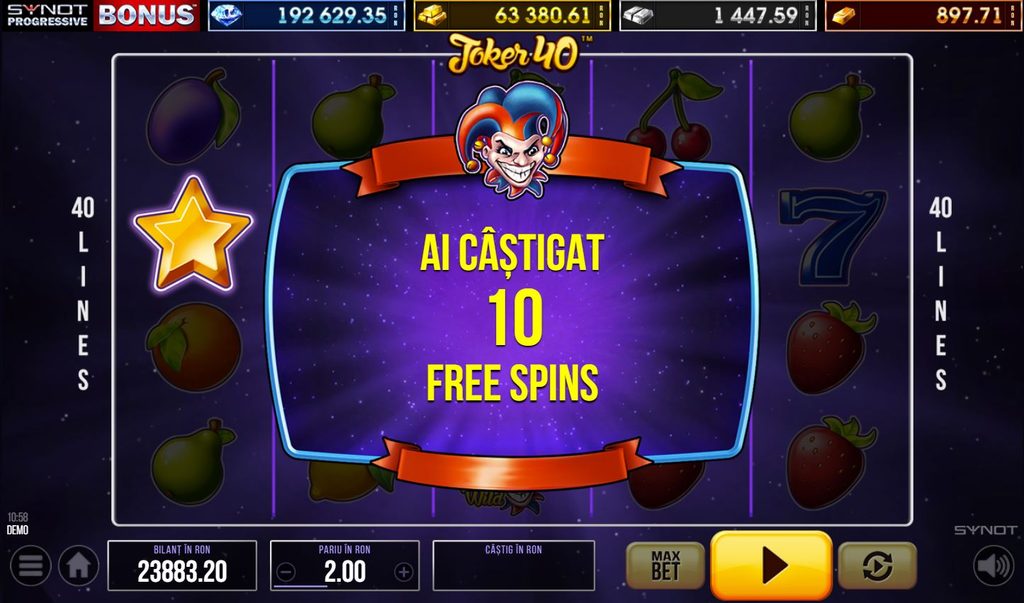 Ecran de activare a rundei bonus la slotul Joker 40 de la SYNOT, în modul demo, cu mesajul „Ai câștigat 10 Free Spins”, 5 role și 40 de linii de plată. Sunt afișate soldul de 23.883,20 RON, pariul de 2 RON, jackpoturile progresive și butonul de pornire a rotirilor gratuite.