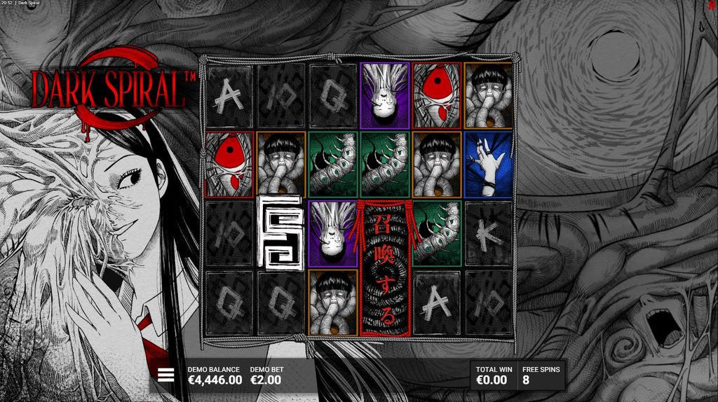 Ecran al rundei bonus Twisted la slotul Dark Spiral de la Hacksaw Gaming, în modul demo, cu 6 role, 4 rânduri, simboluri Summoning și personaje manga horror. Sunt afișate 8 rotiri gratuite rămase, câștigul total de 0 EUR, soldul de 4.446 EUR și pariul de 2 EUR, pe fundal alb-negru cu accente roșii.