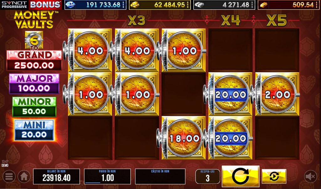 Rundă bonus Hold and Win la slotul Money Vaults de la SYNOT, cu 8 seifuri cu valori între 1 și 18 RON, două premii Mini de câte 20 RON și 3 respin-uri rămase. Sunt afișate jackpoturile Grand 2.500 RON, Major 100 RON, Minor 50 RON și Mini 20 RON, multiplicatorii x3, x4 și x5, pariul de 1 RON și soldul demo de 23.918,40 RON.