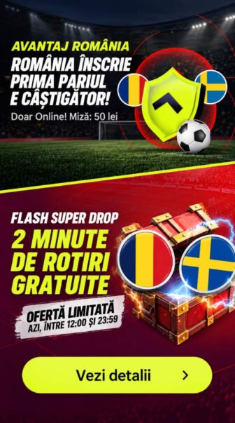 Superbet, promoții Avantaj România cu miză online de 50 lei și Flash Super Drop cu 2 minute de Rotiri Gratuite, ofertă limitată între 12:00 și 23:59