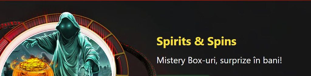 Banner promoțional pentru turneul de Halloween Spirits & Spins de la Winbet Casino, cu o fantomă cu glugă și un cazan plin cu monede de aur, alături de mesajul „Mystery Box-uri, surprize în bani!”, pe fundal întunecat.